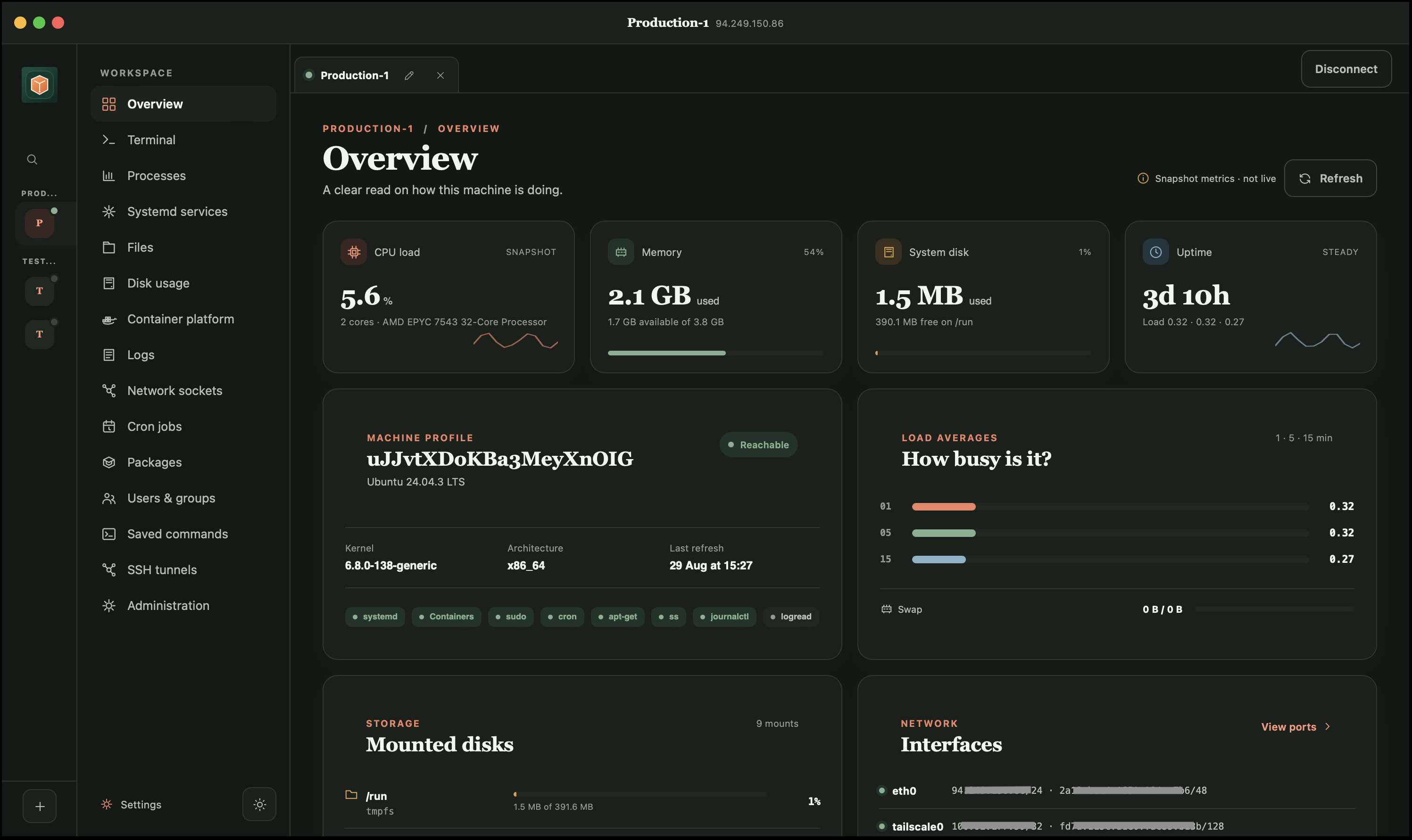 Serverbox app window showing the server overview: CPU, memory, disk and uptime cards, machine profile, load averages, storage and network interfaces
